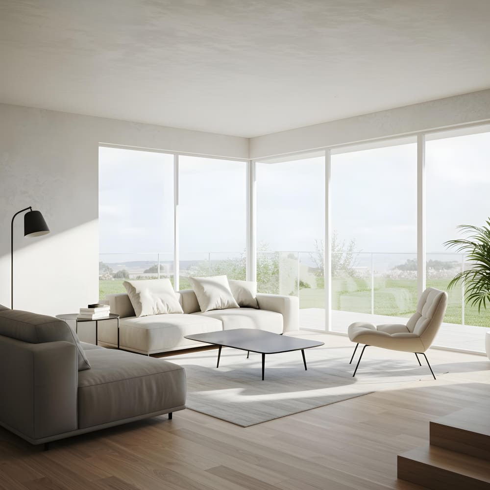 Salón amplio con ventanas a medida y cerramiento acristalado